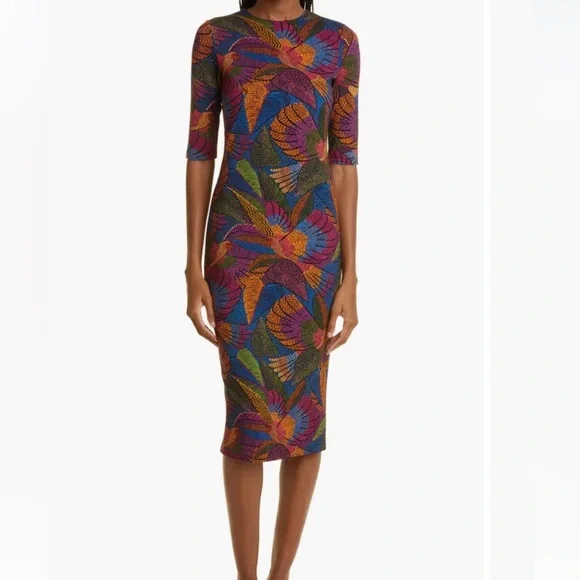 Farm Rio Dotted Macaws midi jersey dress size large floral bohemian sheath - Picture 10 of 11
